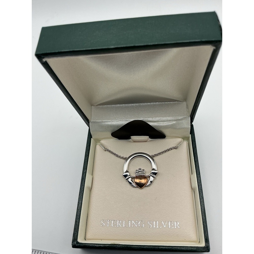 Solvar Sterling Silver Rose Gold Claddagh Necklace Ireland J429702 NIB